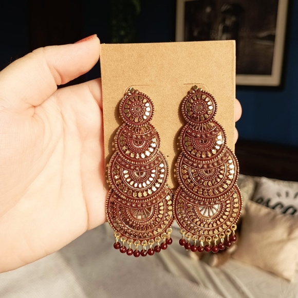 ✨FREE WITH PURCHASE✨  Ethnic Maroon Chandelier Earrings - Picture 5 of 5